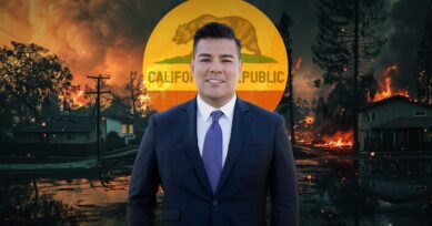 California Insurance Commissioner Lara standing against a backdrop of raging wildfires and the California state seal. Commissioner-attempts-to-address-Calif-insurance-crisis-head-on.