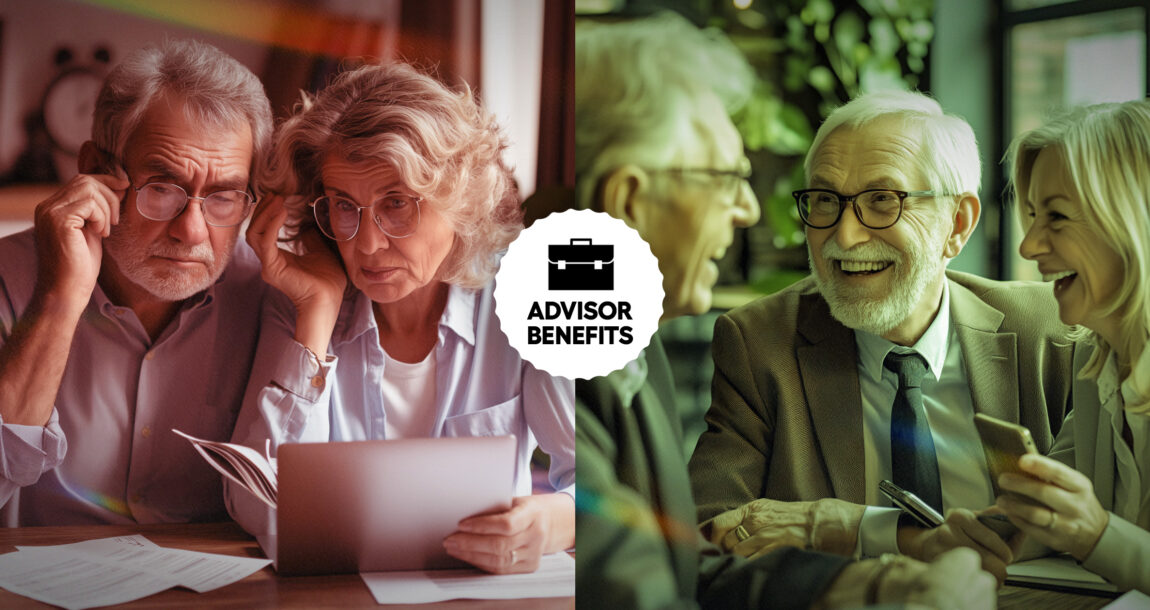 Image that shows a split screen: on one site a happy couple that works with a financial advisor, and on the other, an unhappy couple that does not. Does-working-with-an-advisor-really-provide-benefits-to-consumers.