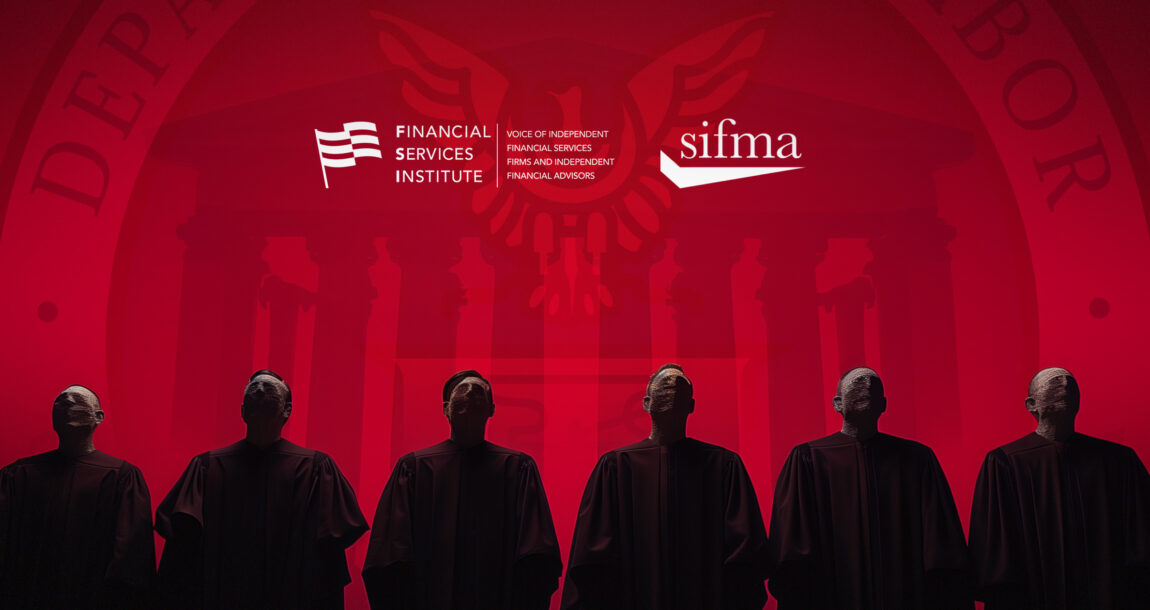 Image of silhouettes of judges with the letters "FSI" and "SIFMA" superimposed. FSI-SIFMA-join-federal-lawsuit-to-overturn-DOL-fiduciary-rule.