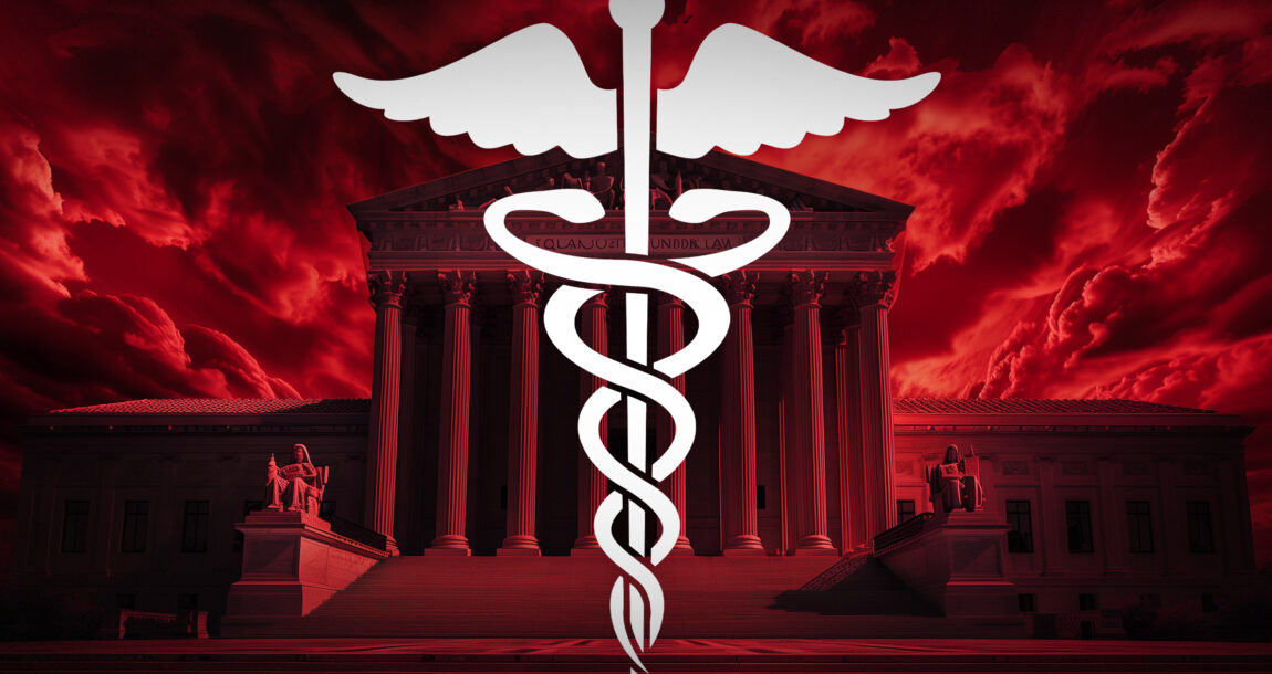 Image of a caduceus against a backdrop of the US Supreme Court. Health-insurers-health-care-industry-to-feel-impact-of-SCOTUS-Chevron-ruling.