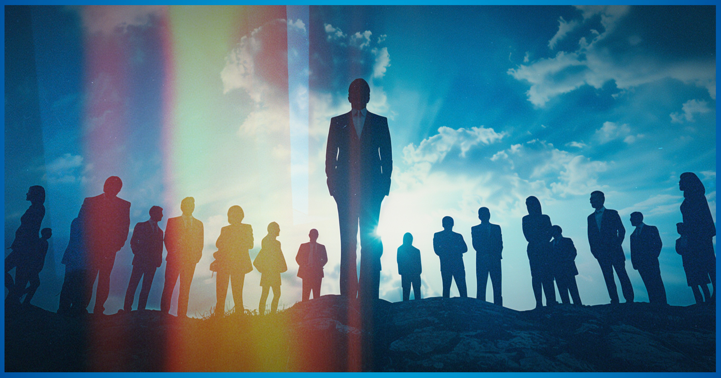 Illustration showing many independent insurance agents standing on a hill against a beautiful sky. How-the-rise-of-independent-distribution-is-changing-the-industry