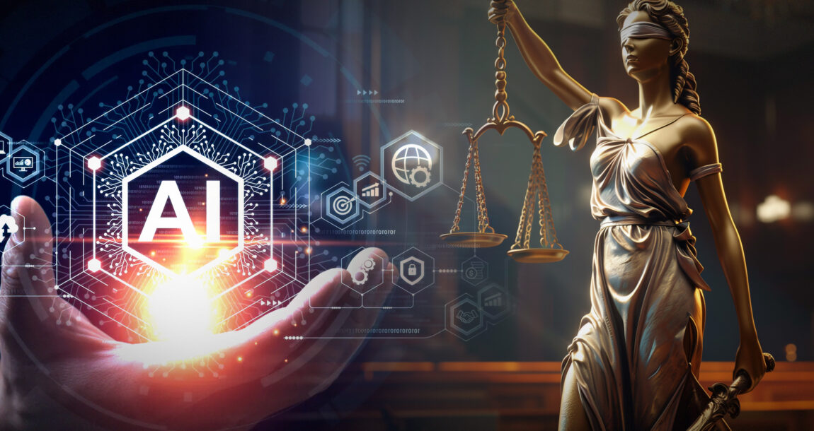 Image of a statue of Justice with an AI symbol. NAIC-committee-urged-to-address-issues-related-to-use-of-AI-in-insurance.