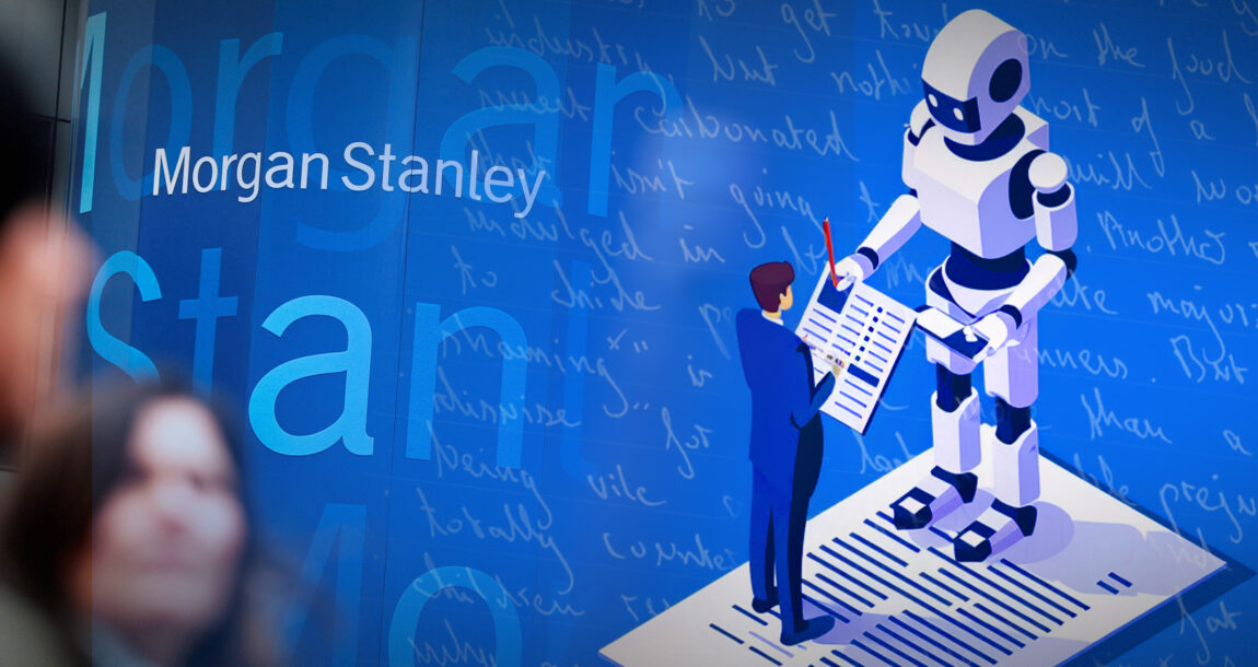 Image of a robot with a financial advisor and Morgan Stanley's logo in the background. New-Morgan-Stanley-GenAI-Debrief-tool-revolutionizes-day-to-day-for-financial-advisors.