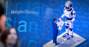 Image of a robot with a financial advisor and Morgan Stanley's logo in the background. New-Morgan-Stanley-GenAI-Debrief-tool-revolutionizes-day-to-day-for-financial-advisors.