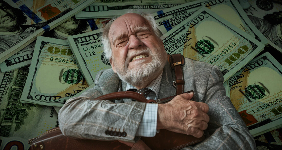 Image of an old man clutching a satchel of money tightly. Only-about-half-of-affluent-Americans-prepared-to-transfer their wealth.