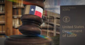 Image shows a courtroom scene with the Texas flag.