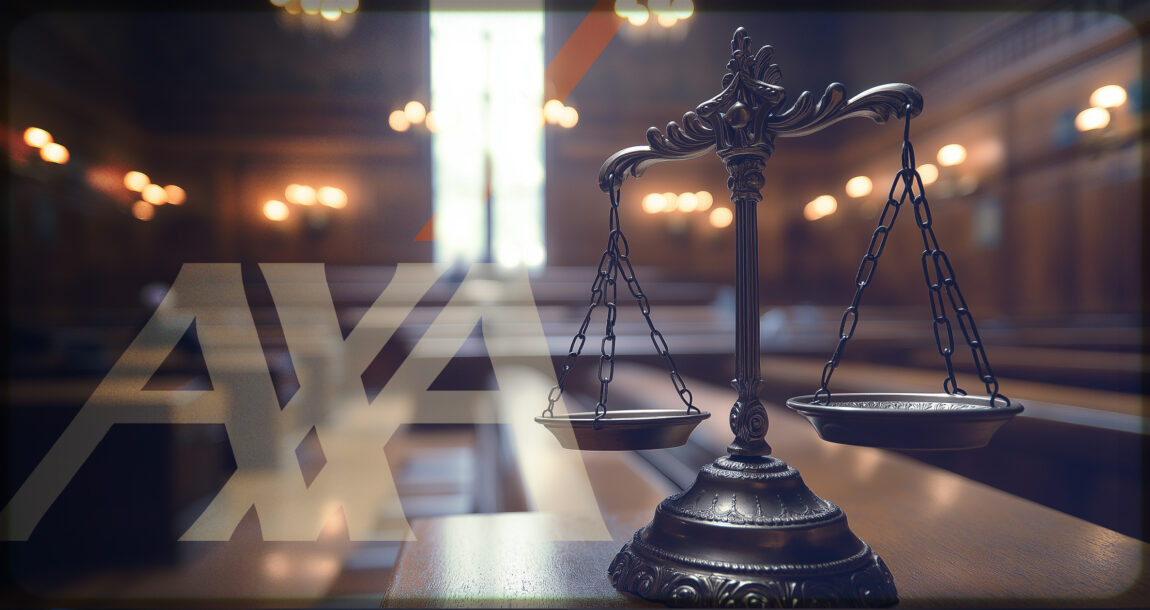 Image shows a courtroom scene and the AXA logo