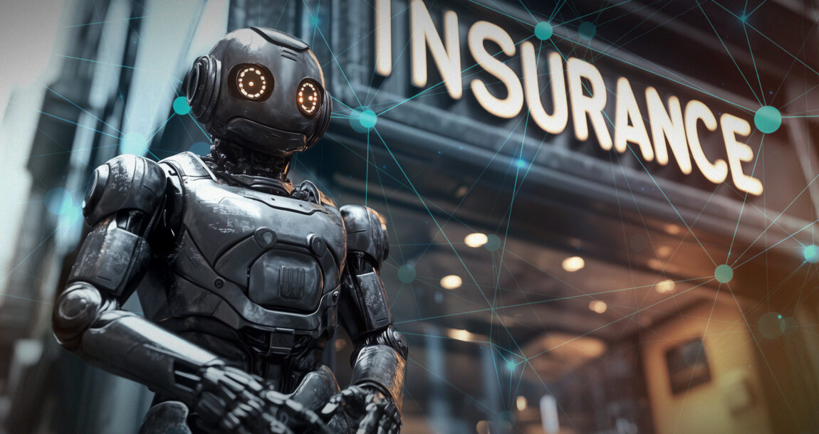 Photo illustration of a robot standing in front of an insurance company building. Added-exposure-paves-way-for-emerging-AI-insurance-market,-expert-says.