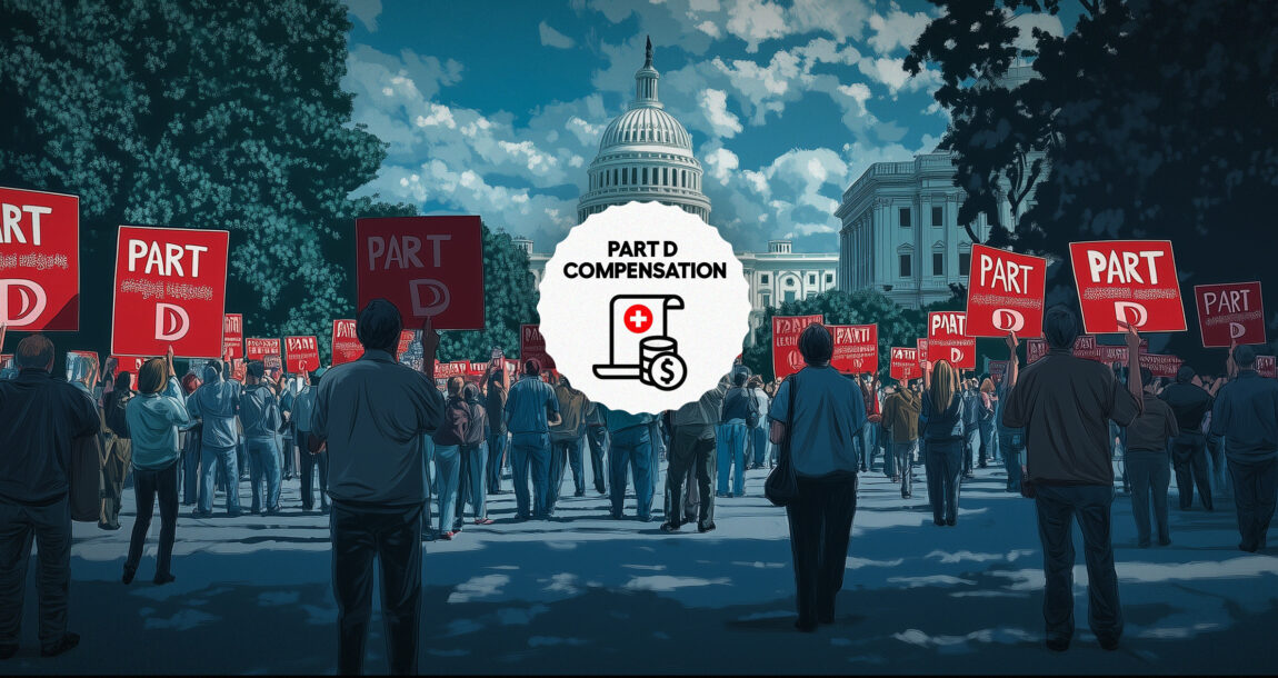 Illustration of agents protesting in front of Congress holding signs in support of their position on receiving Part D compensation. Agents-fight-for-Part-D-compensation.