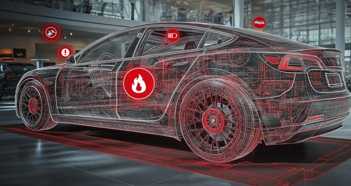 Illustration of a transparent electric vehicle with all the wiring and electronics visible. Electric-vehicles---The-rising-risk-for-insurers.