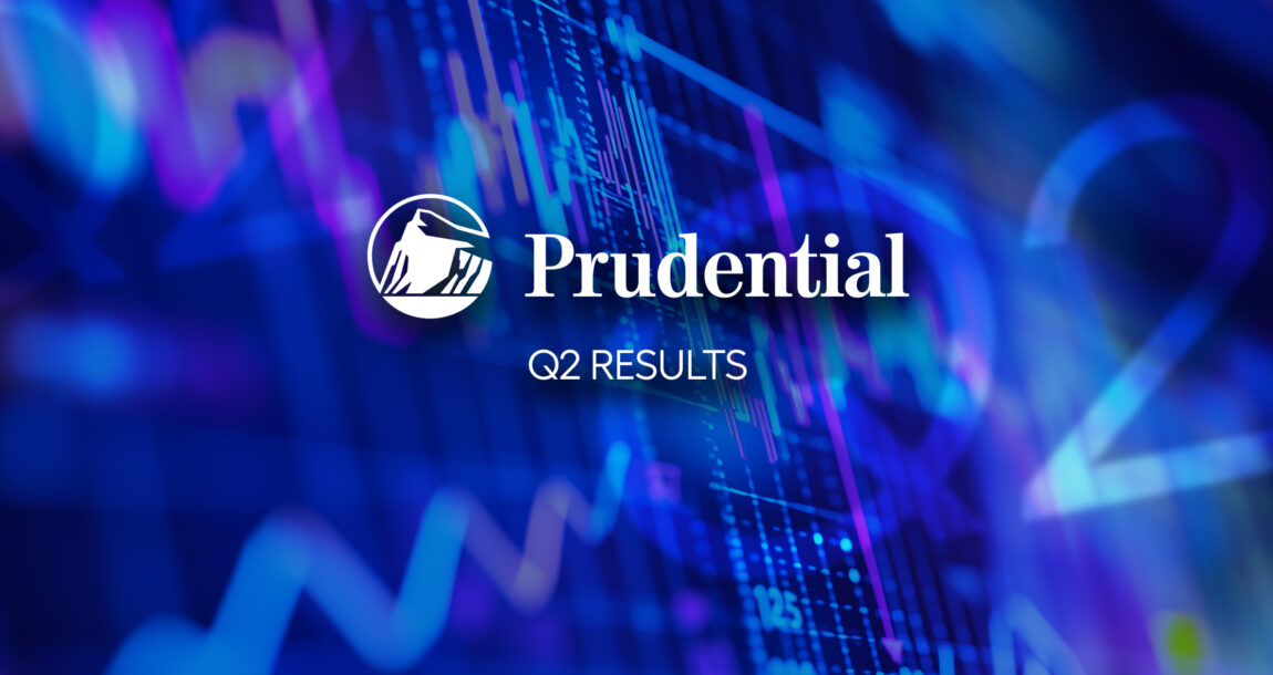 Prudential logo along with the words "Q2 Results" over a graphic showing financial fever charts. Prudential-earnings-q2-24.