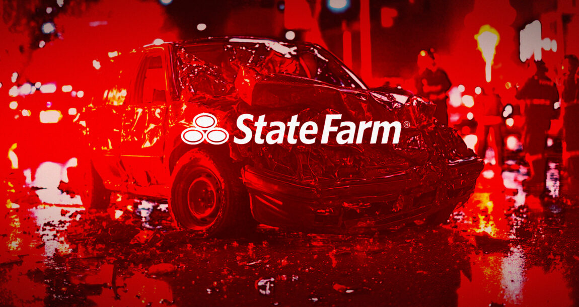 Photo illustration of a damaged automobile with the State Farm logo overlaying the image. Appeals-court-partially-overturns-judgment-in-State-Farm-class-action-lawsuit.