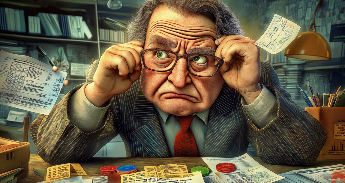 Illustration of a wealthy looking individual looking concerned as financial forms and papers swirl around him. Are-all-millionaires-confident-in-their-financial-plans.