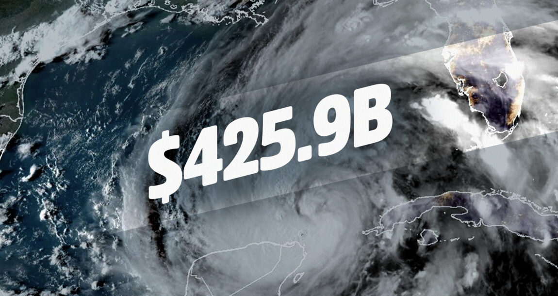 Image of a hurricane taken from outer space, with the number "$425.9B" overlaying the image. Commercial-properties-worth-425.9B-in-Hurricane-Helenes-path.