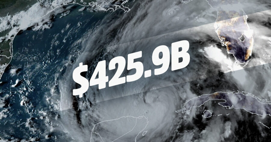 Image of a hurricane taken from outer space, with the number "$425.9B" overlaying the image. Commercial-properties-worth-425.9B-in-Hurricane-Helenes-path.