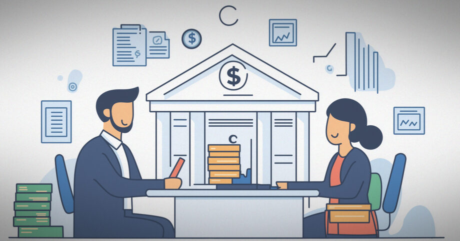 Illustration of a financial advisor sitting with a client answering questions.Consumers-turn-to-advisors-for-answers-on-Social-Security.