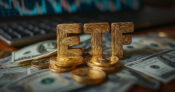 Graphic illustration showing the 3D initials "ETF" sitting on a pile of cash. ETF-adoption-strong-among-financial-advisors,-institutional-advisors.