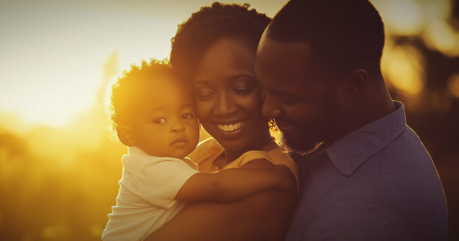 Image shows a young family