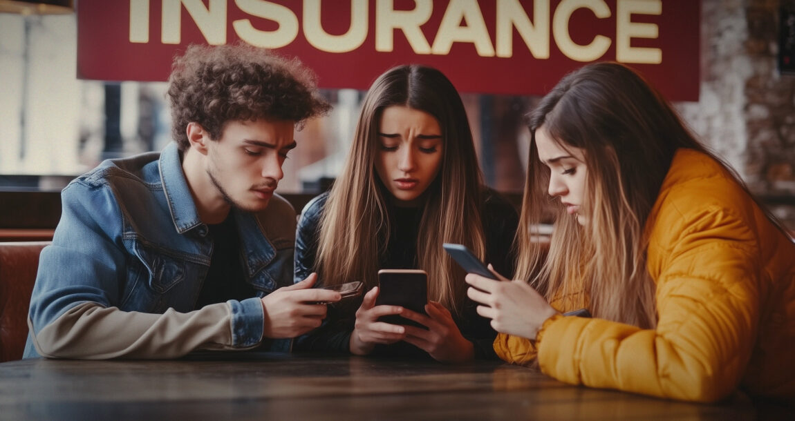 Photo illustration of a group of Gen Z age people anxiously discussing insurance. Gen-Z-feels-overwhelmed-and-anxious-about-insurance.