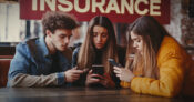 Photo illustration of a group of Gen Z age people anxiously discussing insurance. Gen-Z-feels-overwhelmed-and-anxious-about-insurance.