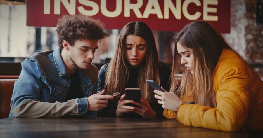 Photo illustration of a group of Gen Z age people anxiously discussing insurance. Gen-Z-feels-overwhelmed-and-anxious-about-insurance.