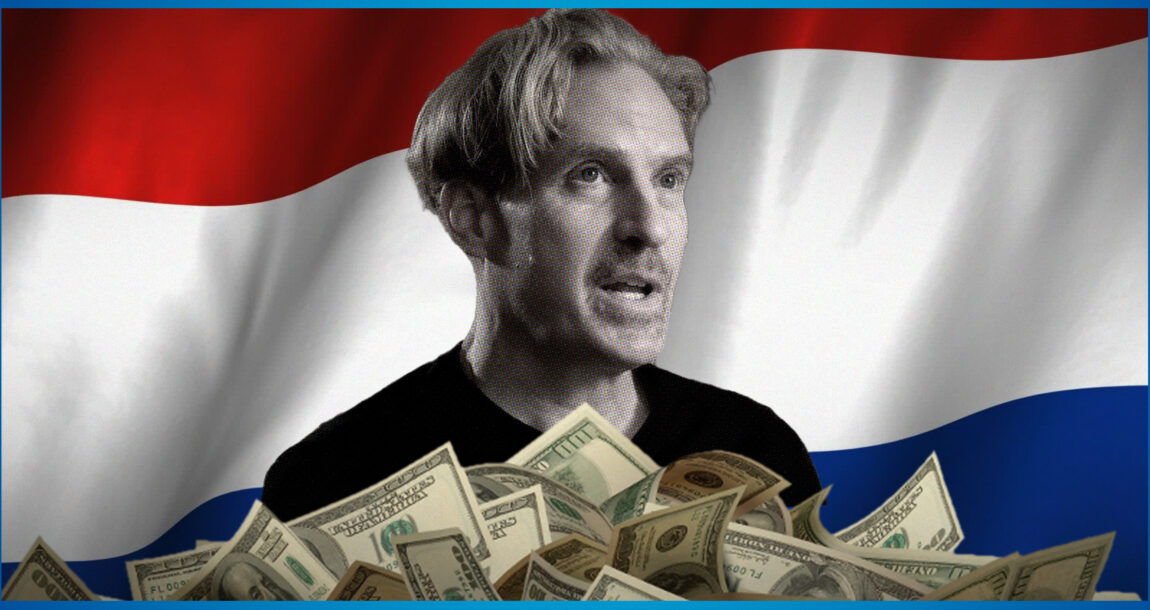 Photo illustration of Greg Lindberg against a backdrop of the Dutch flag and standing in front of a pile of cash. Greg-Lindberg-appeals-166-million-judgment-in-favor-of-Dutch-insurer.