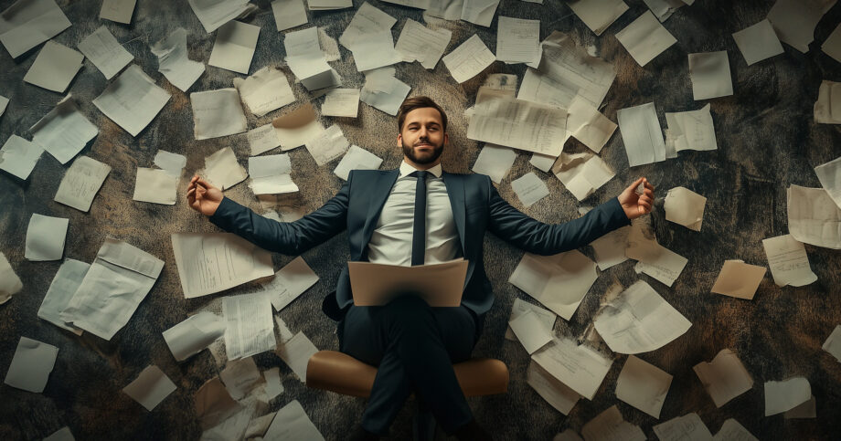 Photo illustration of a person in business attire looking very relaxed among a large number of forms and papers. How-life-carriers-can-optimize-agent-productivity.