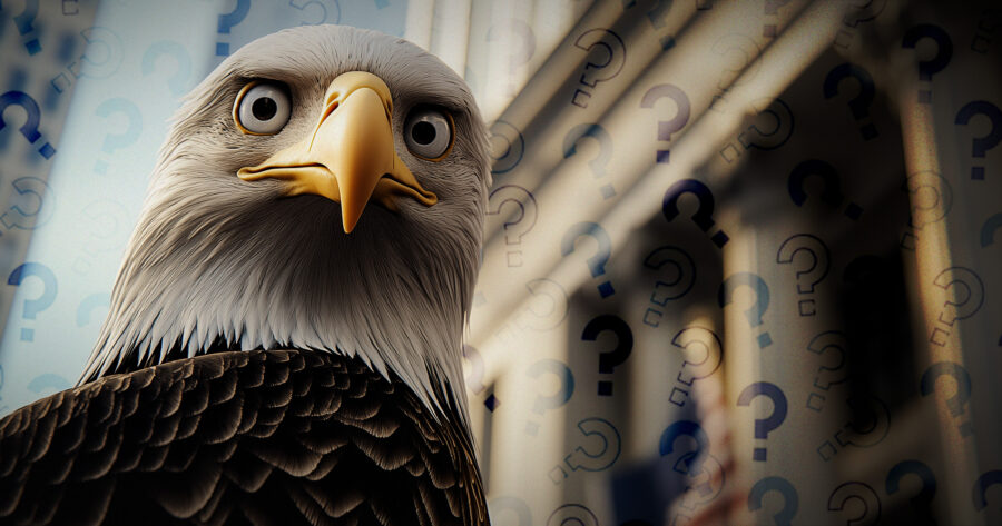 Photo illustration of an American Bald Eagle in front of the Social Security Administration building. How-much-do-Americans-really-know-about-Social-Security.