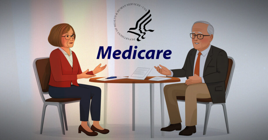 Graphic illustration of an advisor sitting at a table answering Medicare questions of a consumer. How-to-answer-client-questions-about-Medicare.