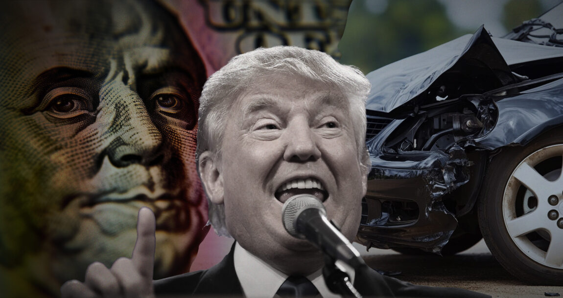 Photo illustration of Donald Trump standing against a backdrop of a damaged auto and a $100 bill. If-elected-could-Trump-cut-auto-insurance-in-half.