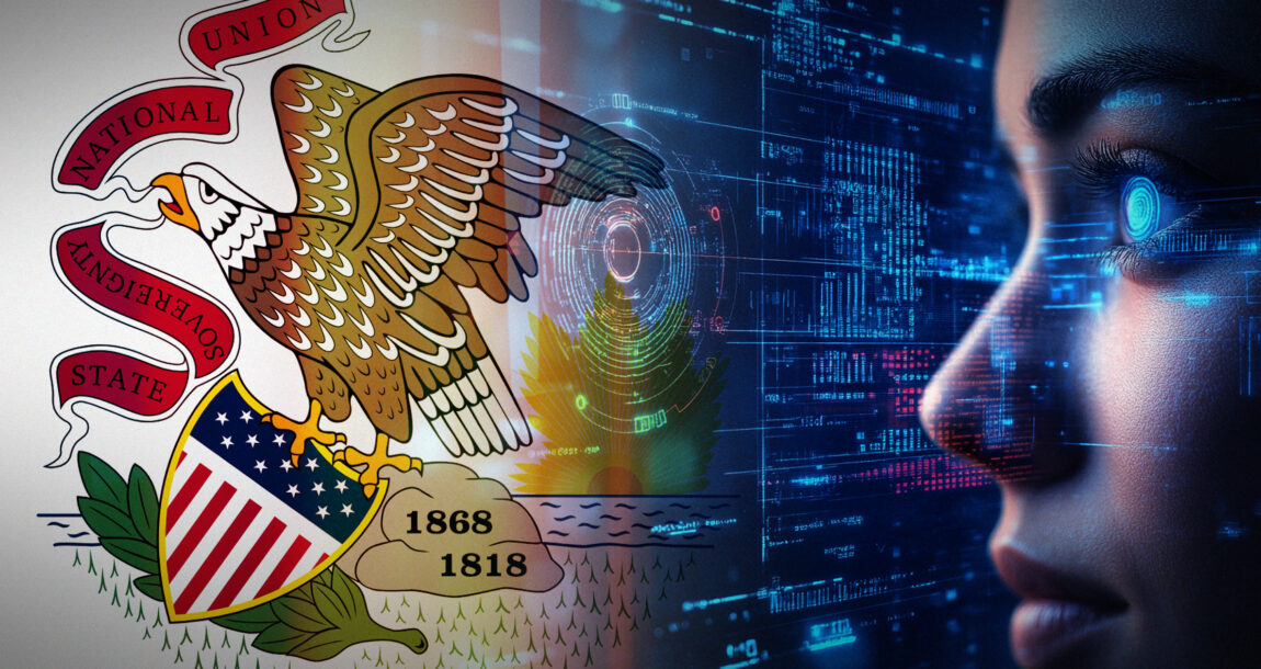 Photo illustration showing a persons head surrounded by biometric data, wht the state seal of Illinois overlaying the image. Illinois-biometric-law-amendment-brings-relief-to-carriers.