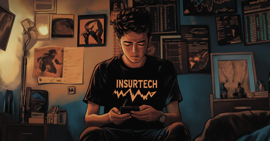 Illustration of a teenager wearing a t-shirt that says "Insurtech" focusing on a phone. Insurtech--the-teenage-years.