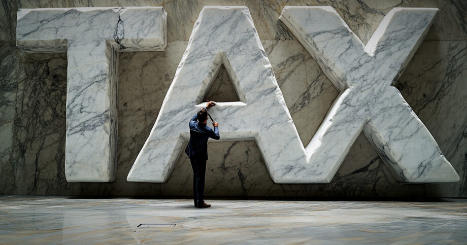 Photo illustration of a worker sculpting a large, marble sculpture of the word "TAX." Its-time-for-financial-professionals-to-help-shape-tax-reform-debate.