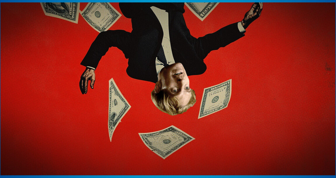 Image shows an upside down Greg Lindberg and money floating around