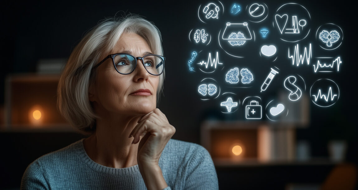 Photo illustration of a woman looking thoughtful as she contemplates medical symbols. Medicare-clients-ask-about-prior-authorizations-higher-premiums.