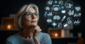 Photo illustration of a woman looking thoughtful as she contemplates medical symbols. Medicare-clients-ask-about-prior-authorizations-higher-premiums.