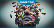 Photo illustration of a person's head covered in an assortment of prescription pills. Medicare-prescription-drug-plans-a-concern-for-clients-as-well-as-agents.