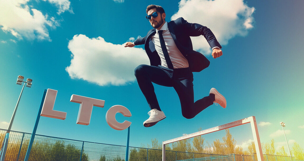 Photo illustration of a young man easily jumping over a hurdle labeled "LTC". Navigating-the-Hurdles-A-guide-to-selling-LTC-insurance,