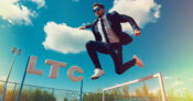 Photo illustration of a young man easily jumping over a hurdle labeled "LTC". Navigating-the-Hurdles-A-guide-to-selling-LTC-insurance,