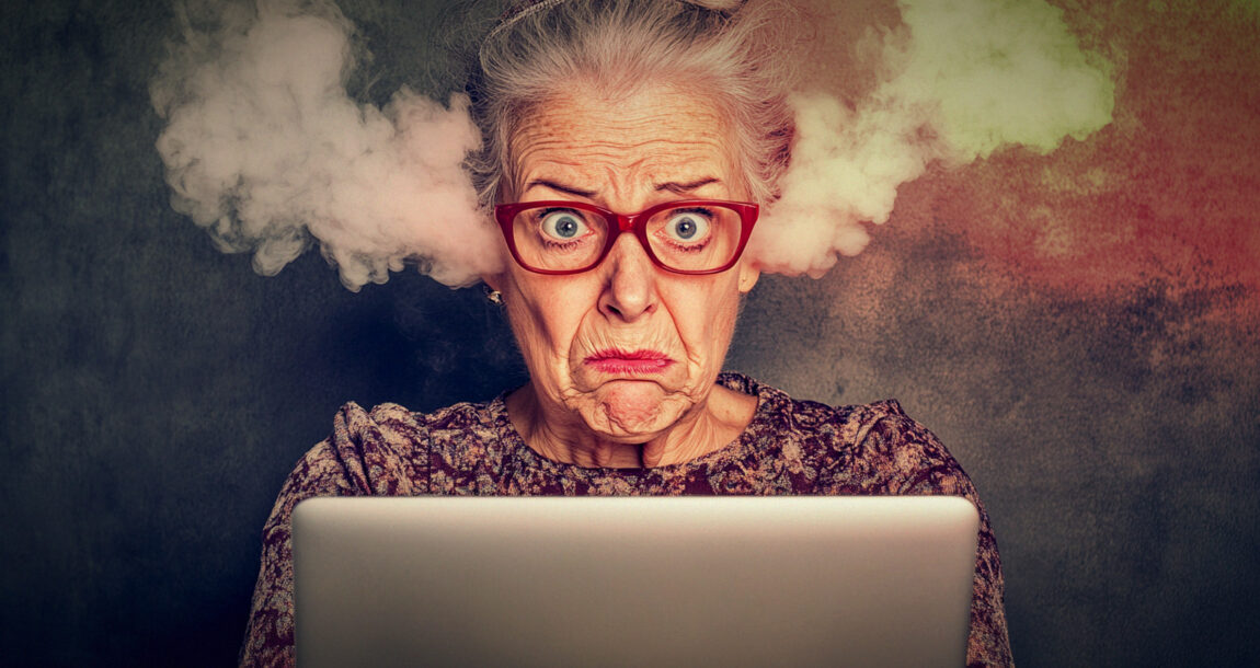 Photo illustration of person looking with alarm at a retirement website. Poor-website-design-could-be-hindering-Americans-retirement-planning-study-finds.