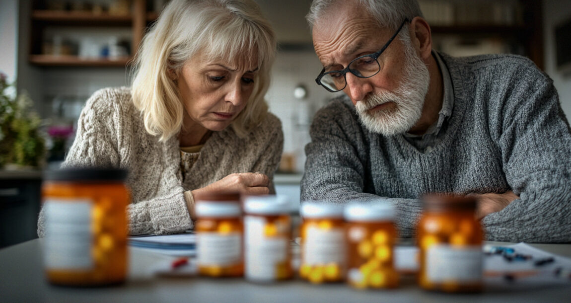 Photo illustration of a senior couple looking worried as they sit at a table with a large collection of prescription pills. Retiree-health-care-costs-rise-to-new-high-study-finds.