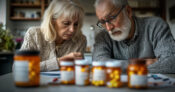 Photo illustration of a senior couple looking worried as they sit at a table with a large collection of prescription pills. Retiree-health-care-costs-rise-to-new-high-study-finds.