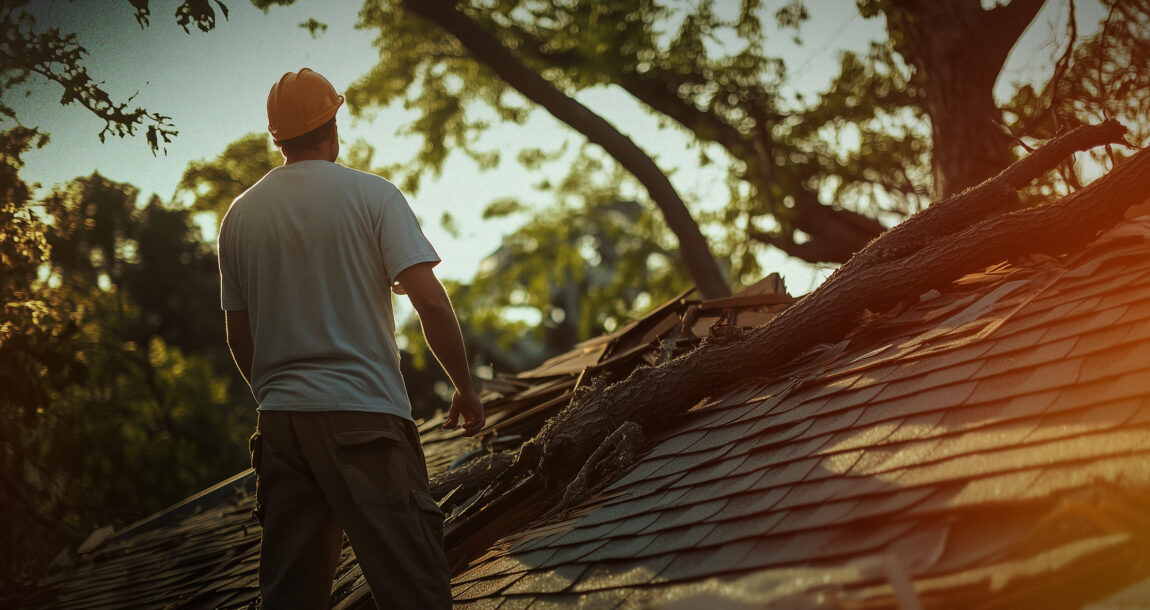 Photo illustration of worker checking out roof damaged by storm damage. Roof-claims-hitting-a-new-high-and-crisis-for-insurance-industry-experts-say.