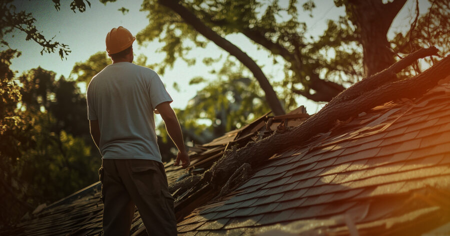 Photo illustration of worker checking out roof damaged by storm damage. Roof-claims-hitting-a-new-high-and-crisis-for-insurance-industry-experts-say.