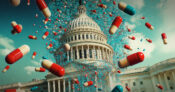 Image of prescription pills scattered across the sky around the U.S. Capitol building. Senate-chair-wants-to-see-PBM-reform-passed-this-year.