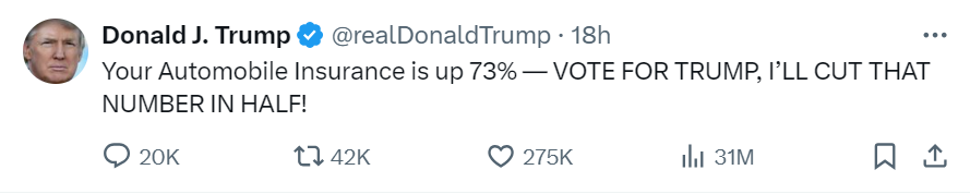 Donald Trump post on X saying he would cut auto insurance rates by half. 