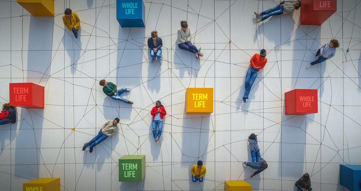 Photo illustration of people connected to various insurance products by a network of lines. Universal-to-Whole-Life-Matching-client-needs-to-the-right-product.