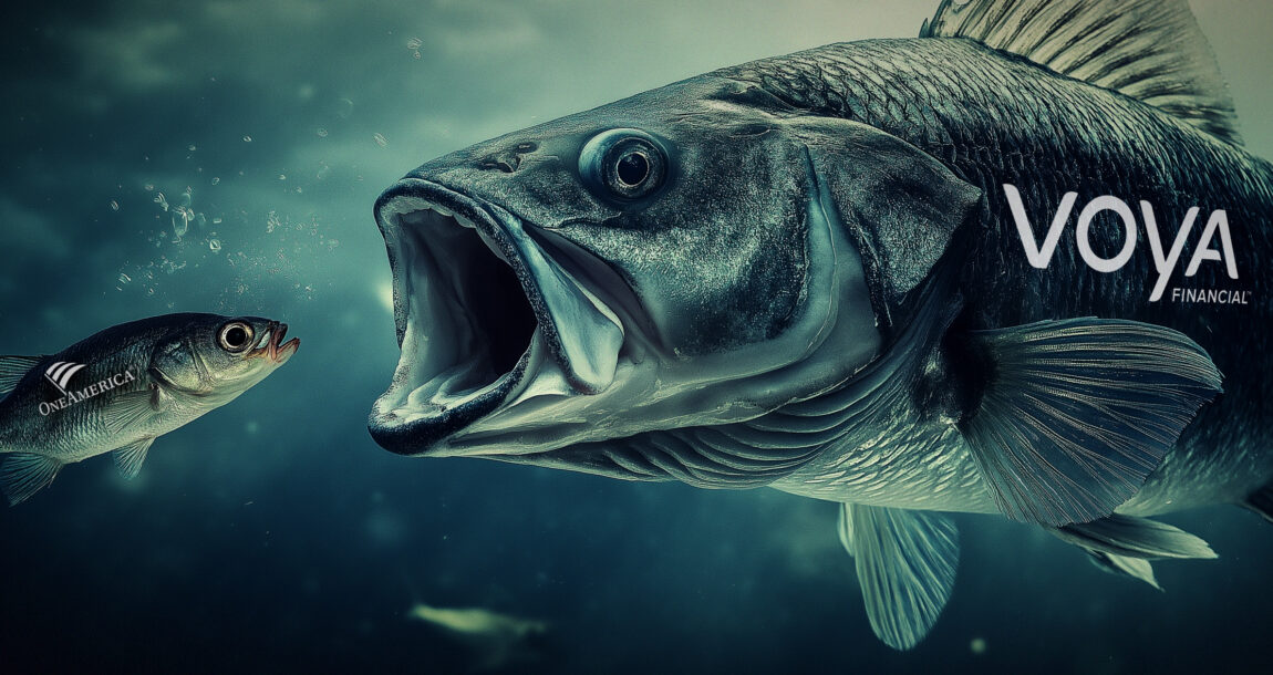 Illustration of a large fish about to consume a smaller fish. VOYA-to-acquire-OneAmericas-retirement-plan-business.