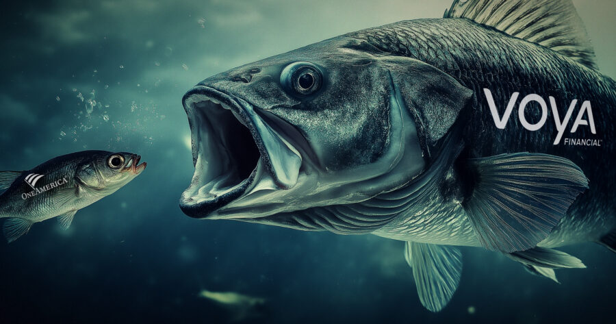 Illustration of a large fish about to consume a smaller fish. VOYA-to-acquire-OneAmericas-retirement-plan-business.