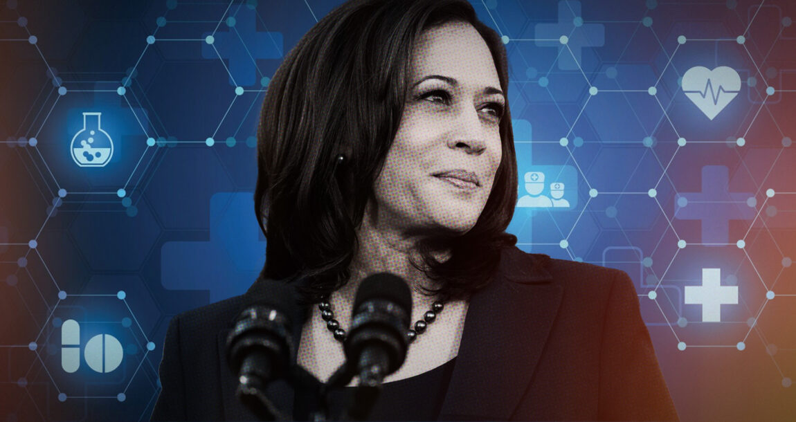 Image of Kamala Harris with a backdrop of health care related icons. What-a-Harris-presidency-could-mean-for-health-care.